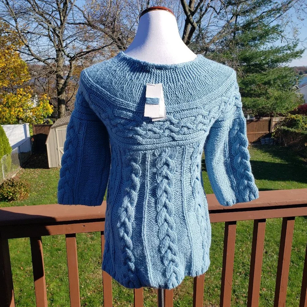 Sweater Wool Blend Celtic Cable Lt Blue GAP Sz XS - Picture 3 of 12